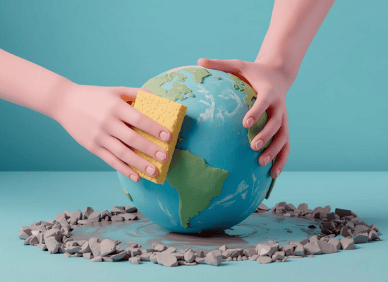 deux mains nettoient la planète Terre avec Un pas pour la planète